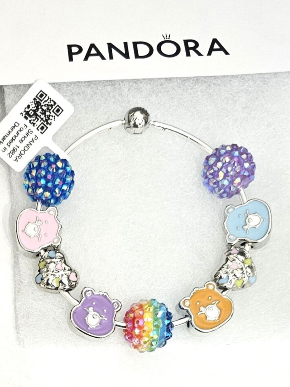 Care Bears Charm Bracelet Rainbow Sparkle Beads Silver Bangle Cute Colorful Bear